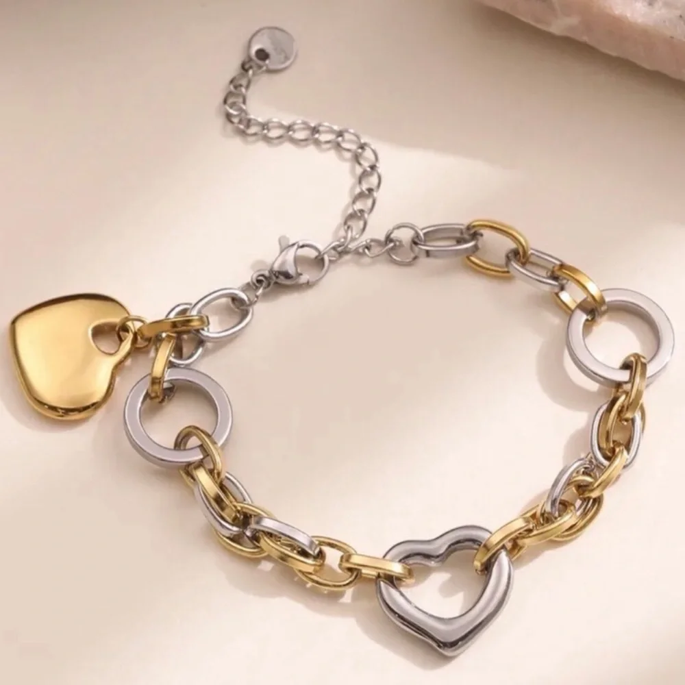 24k Gold Plated & Silver Heart Link Bracelet - Women Jewelry new